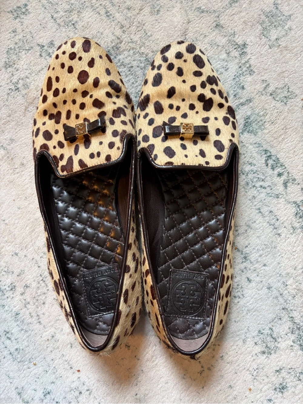 Tory Burch Leopard-Print Ballet Flats in Tan and Black with Logo Bow